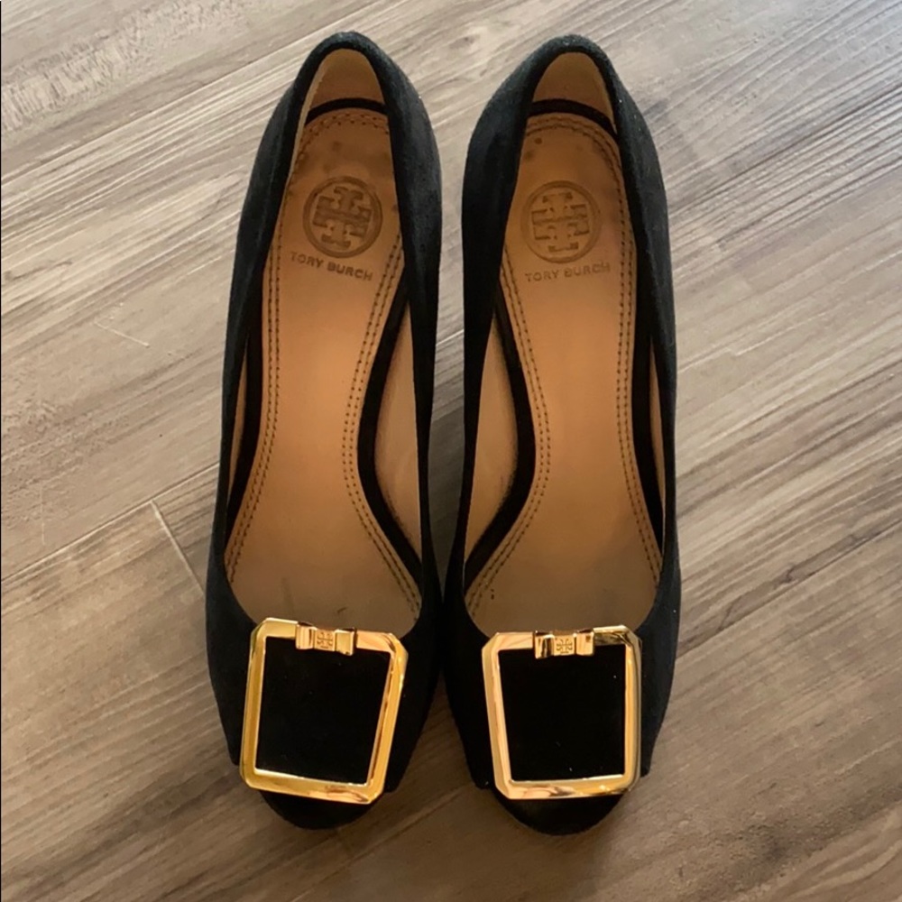 Tory Burch peep toe suede wedge heels